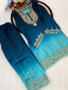 Dhwaja Export - Kurta/Kurti Pakistaní Tradicional para Mujer, de Seda Chinon con Bordado, Corte Recto, con Dupatta de Secado Rápido, para Bodas/Fiestas - Product Image 1