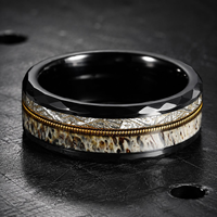 Bague de mariage classique pour homme en tungstène noir facetté, triple incrustation météorite et fil d'or, largeur 8mm, vente en gros