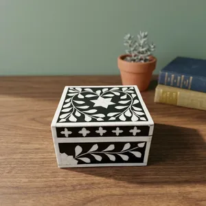 Square Wooden Jewelry <b>Box</b> Black White <b>Floral</b> Carved Design Classic Storage Case Decorative Home Decor Gift <b>Box</b> - Product Image 5