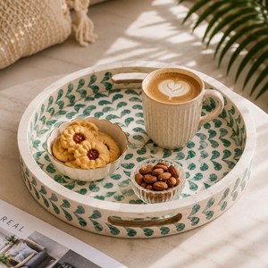 Round Ceramic <b>Mosaic</b> Tray With Green Leaf Pattern Handmade Decorative Home Serving Tray for Vanity Kitchen and Dining Spaces - Product Image 6