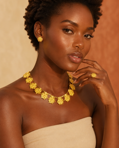 New African Wedding 18K Gold Plated Brass Floral Jewelry Set | Dubai Style Necklace Earrings Ring for Women - Product Image 3
