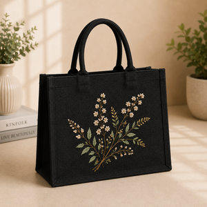 Embroidered Floral Jute Reusable Beach <b>Gift</b> Shopping <b>Bag</b> <b>Large</b> Size Magnetic Closure Hand Length Handle - Product Image 1
