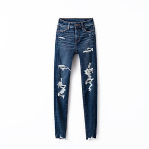 Jeans pour femmes, coupe skinny, jambe droite, élastiques, déchirés, effet usé, respirants, écologiques, extensibles, vente en gros d'usine, personnalisables - Product Image 5
