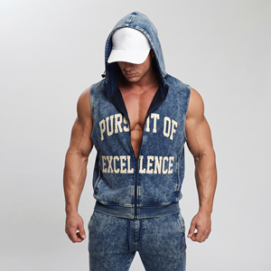 Chaleco sin mangas con capucha para hombre, 100% algodón, con cremallera frontal, cuello en V, estampado, lavado ácido - Product Image 1