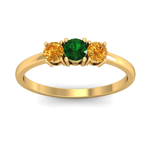 Yellow Gold Three Stone <b>Ring</b> With Emerald And <b>Citrine</b> Round Cut Classic Women's Engagement Jewelry - Product Image 3