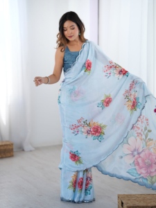 Elegante Saree Tradicional Azul Claro con Borde de Encaje de Espejo de Secado Rápido para Mujer, Saree Indio para Fiestas - Product Image 2