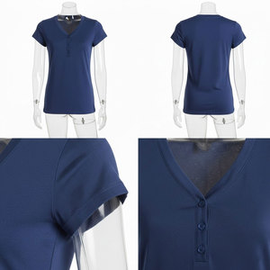T-shirt à manches courtes col rond pour femme, bleu uni, en molleton tricoté respirant, coupe classique, décontracté, toutes saisons, séchage rapide, protection UV - Product Image 3