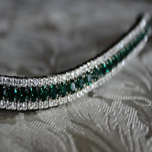Recién llegado, calidad de exportación, hecho a mano, personalizado, 3 filas, verde oscuro y cristales transparentes, banda para cejas de caballo de cuero inglés negro - Product Image 3