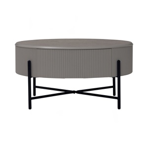 Modern Fluted Round Coffee Table <b>Grey</b> Marble Melamine Top Light <b>Grey</b> Wooden Body Matt Black Metal Leg <b>Frame</b> for Living Room - Product Image 3