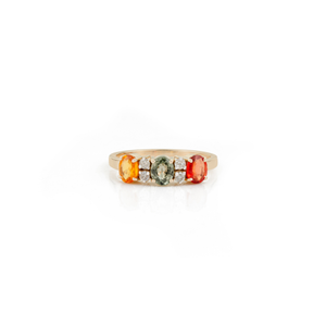 Bague à trois pierres en or jaune véritable K14, design personnalisé d'usine, minimaliste, multi-saphirs et diamants, bijoux fins en pierres précieuses, vente en gros - Product Image 1