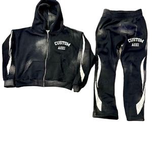 Pantalon de survêtement en coton polaire vintage épais avec impression de décoloration 100% coton French Terry Distressed Hoodie Men Tracksuit - Product Image 3