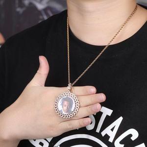 Trendy Hip Hop Gold Plated Copper Lab Diamond Photo Frame Necklace Personalized Photo <b>Memory</b> Circle Pendant Link Dropshipping - Product Image 3