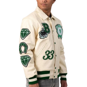 Cream Varsity <b>Jacket</b> With Green Embroidered Patches And Button Closure Regular Fit Full Sleeve Turn-down Collar - Product Image 3