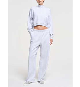 Lady's Medium Weight Soft Plush Fleece Cotton Relaxed Fit Drop Shoulder Cropped Half <b>Zip</b> Pullover Fleece Jogger Sweatpants Sets - Product Image 4