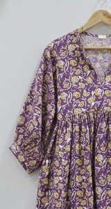 Vestido Túnica Midi de Algodón 100% Hecho a Mano para Mujer |   Blusa Formal de Oficina con Estampado Floral, Cuello en V, Mangas Abullonadas y Silueta en A - Product Image 2