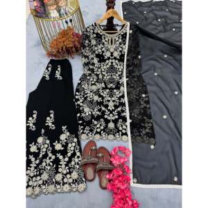 เสื้อ georgette เทียมหนักของผู้หญิง & ชุด plazzo พร้อม Dupatta สำหรับใส่ไปงานปาร์ตี้ - Product Image 5