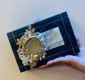 Bohemian Acrylic Resin Clutch <b>Bag</b> <b>Storage</b> <b>Bag</b> with Gold Coil Handle & Natural Stone Embellished for Wedding Party Evening Purse - Product Image 6