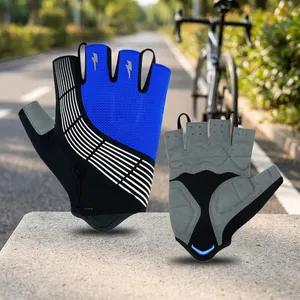 Gants de cyclisme demi-doigts bleu-gris unisexes, respirants, en polyester, fermeture à enfiler, design bleu-gris - Product Image 5
