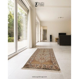 Alfombra Persa ZYN AH de Lana y Seda Anudada a Mano, Diseño de Medallón Rectangular, para Sala de Estar, Color Beige Naranja - Product Image 1