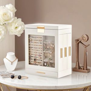 Elegante Portagioie Bianco a 4 Cassetti con Fronte Trasparente e Interno in Velluto Rosa, Armadietto per Accessori e Organizzatori - Product Image 6