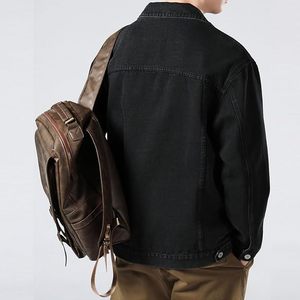 Chaqueta de Mezclilla Negra para Hombre, Corte Regular, Color Sólido, Cierre de Botones, Estilo Casual, Ropa de Otoño, 100% Algodón - Product Image 2