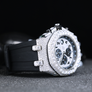 Montre chronographe de luxe sertie de diamants – Montre à quartz pour homme avec lunette entièrement sertie de diamants Moissanite CZ et bracelet en caoutchouc noir - Product Image 6