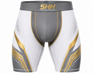 Custom Men Compression Shorts White Gold Sports Base Layer Gym Running Fitness Training Tights OEM Private Label Manufacturer - Product Image 1