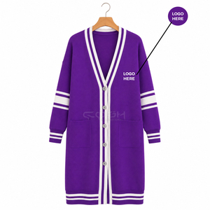 Cosh International Sorority Acrylic - Cárdigan largo morado con rayas blancas y bolsillos, cuello en V, vestido suéter de punto - Product Image 5