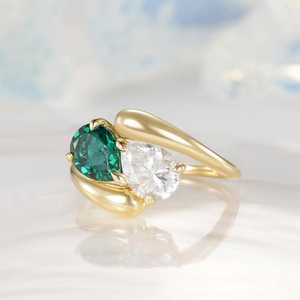 925 Sterling <b>Silver</b> 22K Gold Plated Handmade Minimalist Pear/Round Cut Gemstone <b>Ring</b> Toi Et Moi <b>Adjustable</b> Bypass <b>Ring</b> Fine - Product Image 4