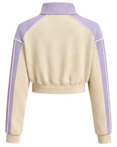 Veste de sport courte beige lavande pour femme, zippée, avec rayures contrastées, pour la gym, le fitness et l'entraînement, personnalisable - Product Image 2