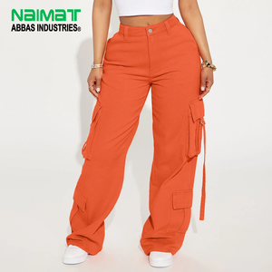 Women High Waist Orange Cargo Denim Jeans Multi Pocket Wide Leg Cotton Utility Work Pants Streetwear Trousers - Product Image 1