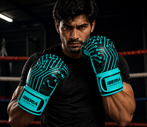 Gants de boxe IBERIA Premium noirs avec accent cyan en cuir PU, gants d'entraînement, logo personnalisé, équipement sportif en gros OEM - Product Image 6