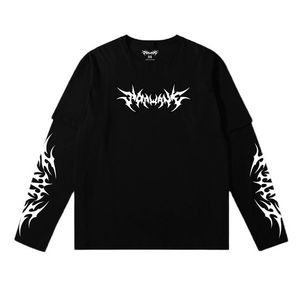 Black Long Sleeve T-Shirt <b>Men</b> Punk Style Oversized Cotton Knitted O-Neck Front Print Regular Fit Autumn Wear - Product Image 1