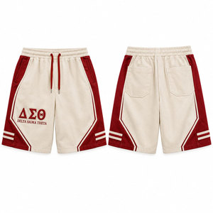Delta Sigma Theta <b>Men's</b> Cotton Bermuda <b>Shorts</b> With Front Logo Drawstring Waist Casual Style <b>Red</b> And Cream Trim - Product Image 1