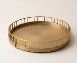 Nordic Style Round Gold Metal Serving <b>Tray</b> With Spindle Guardrail Luxury Vanity <b>Tray</b> <b>Makeup</b> Organizer Plate For Hotel And Home - Product Image 1