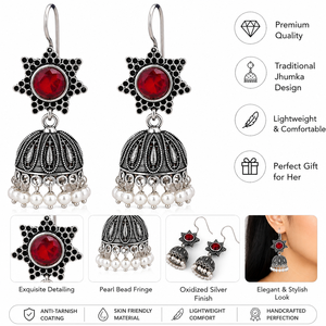 Boucles d'oreilles Jhumka en argent oxydé avec pierre rouge et perle pour femmes - Product Image 2