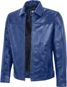 Vestes Deified pour hommes, veste moto en cuir véritable bleu, col rabattu, fermeture éclair, longueur normale, vêtements d'automne - Product Image 4