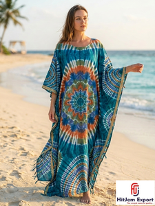 Vestido Kaftán Boho Tie Dye Personalizado para Mujer, Manga Murciélago, Largo hasta el Tobillo, Traje de Playa, Ropa de Verano para Resort, Fabricante OEM ODM - Product Image 2