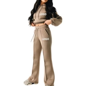 Conjunto de Sudadera con Capucha y Pantalones Deportivos Personalizados para Mujer, Tela Suave y Cómoda, Capucha con Cordón, Pantalones de Cintura Alta y Pierna Ancha, Proveedor OEM/ODM - Product Image 1