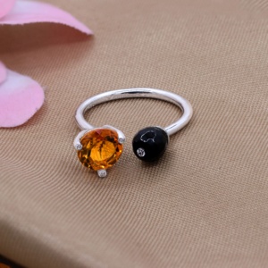 Anillo Abierto de Dos Piedras de Plata de Ley 925 con Citrino Natural y Ónix Negro Facetado, Joyas Memoria, Venta al por Mayor - Product Image 6