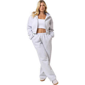Women's Winter <b>Tracksuit</b> Set Heather <b>Grey</b> <b>Acid</b> <b>Wash</b> Solid 100% Cotton Hooded Drop Shoulder Relaxed Fit Full Length 2 in 1 Design - Product Image 1