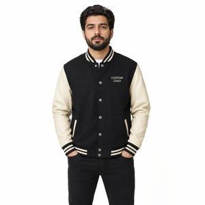 Veste universitaire haut de gamme en mélange de laine avec manches en cuir, fermeture à boutons-pression, col et poignets côtelés, doublure chaude, style classique décontracté urbain - Product Image 1