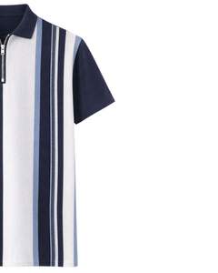 Manufacturer Mens Half Zip <b>Polo</b> <b>Shirt</b> <b>Navy</b> <b>Blue</b> And White Vertical Stripe Short Sleeve Casual Knit Top Custom Manufacturer OEM - Product Image 3