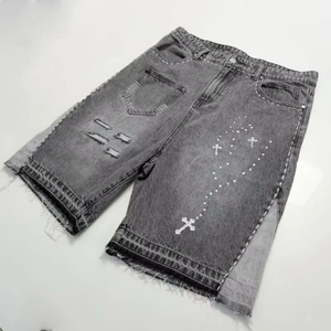 Pantalones Cortos de Mezclilla Desgastados para Hombre con Cruz de Pedrería, Dobladillo Deshilachado, Estilo Urbano, Holgados, OEM, Logotipo Personalizado, Venta al por Mayor - Product Image 3