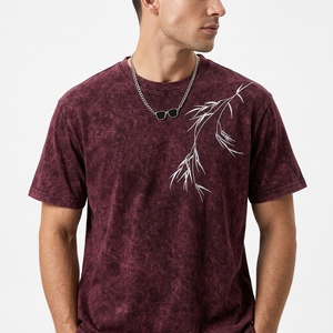 Camiseta Clásica para Hombre, Lavada, Estilo Vintage, Corte Regular, Tejido Grueso, 100% Poliéster, Rayas, Bordado, Tie-Dye en la Parte Delantera, Estilo Casual Urbano - Product Image 4