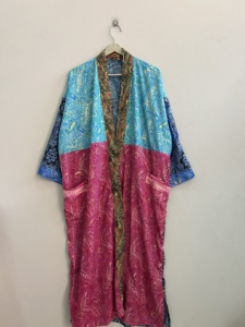 Silk Satin Patchwork <b>Long</b> <b>Kimono</b> Robe Soft and Comfy Summer Spring Dressing Gown with Front Logo - Product Image 6
