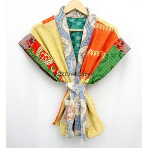 <b>Women</b> Patchwork Quilted <b>Jacket</b> V-Neck Short Sleeve Cotton Vintage Kantha Casual <b>Spring</b> Eco-Friendly Reversible Soft Hand Printed - Product Image 4
