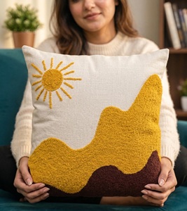 Artistic Tufted Landscape <b>Cushion</b> Cover Featuring Sun and Mountain Motif - Product Image 2
