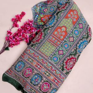 Pure Banarasi <b>Silk</b> Soft Jacquard Brocade Geometric Pattern Multi-Color Dark Green Base Medium Weight for Apparel-Wedding/Special - Product Image 4