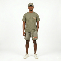 Conjunto de 3 piezas de verano para hombre BRANDNAME: Camiseta de algodón transpirable de punto con cuello redondo, pantalones cortos y gorra de béisbol sin costuras, color liso.
